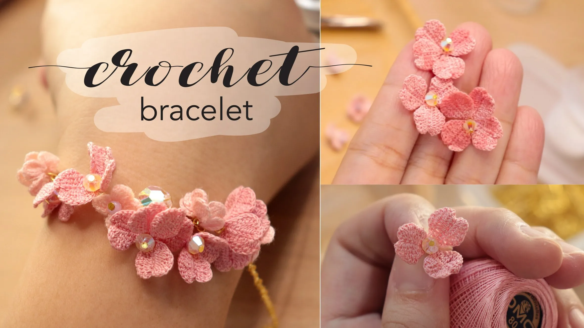 how to make crochet flower bracelet - micro crochet jewelry tutorial - miniature crochet flower
