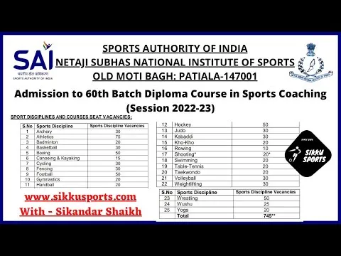 NIS DIPLOMA COURSE IN SPORTS COACHING 2022 ¶ 12th pass only Apply online ¶ 25 Games ADMISSION NOTICE