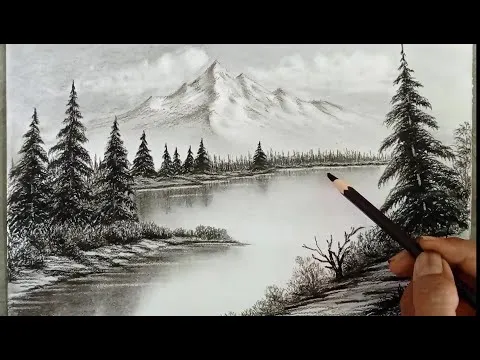Pencil drawing landscape scenery& Snow mountain landscape drawing with pencil