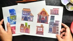 Learn to paint tiny houses using watercolor and gouache